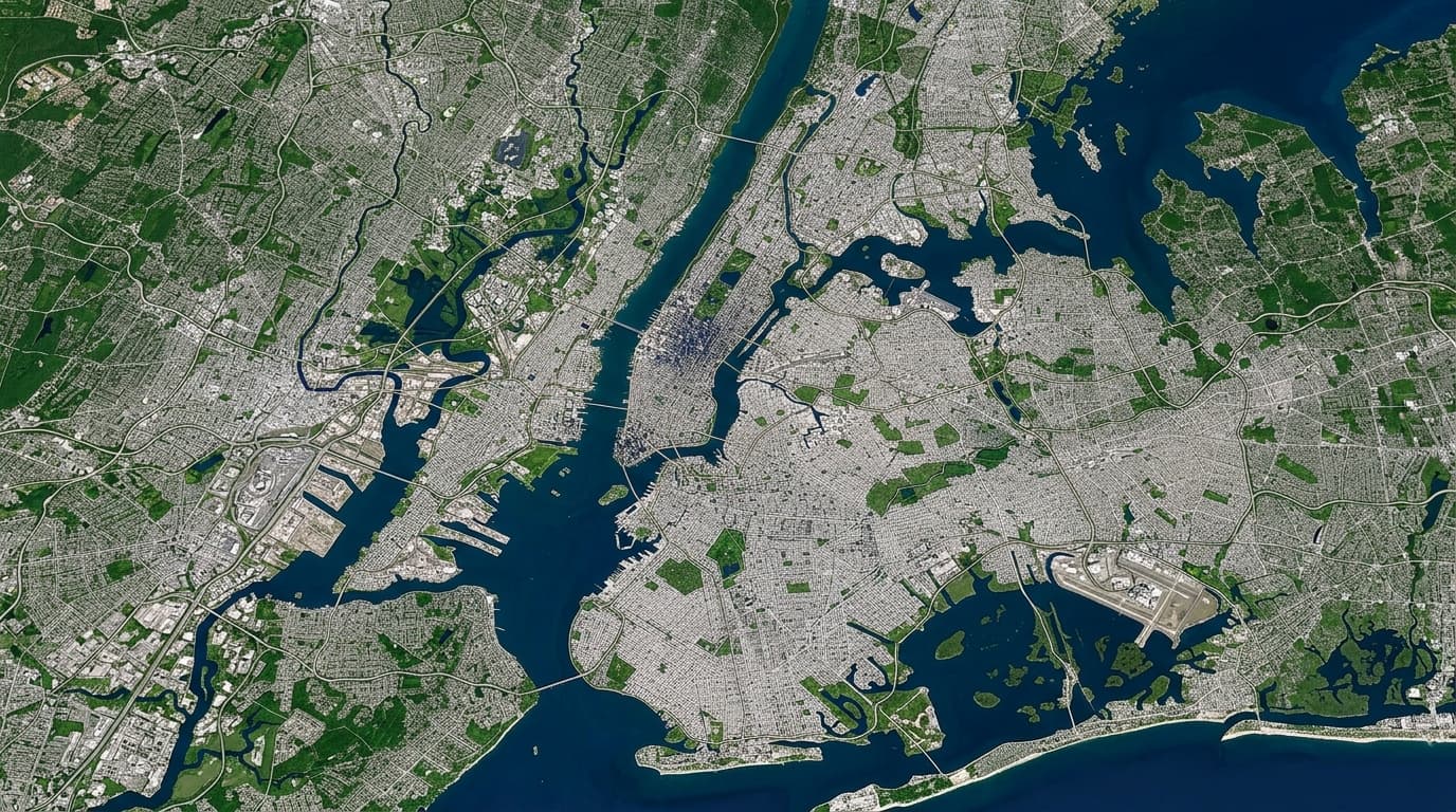 High-resolution Google satellite view of New York City and the five boroughs